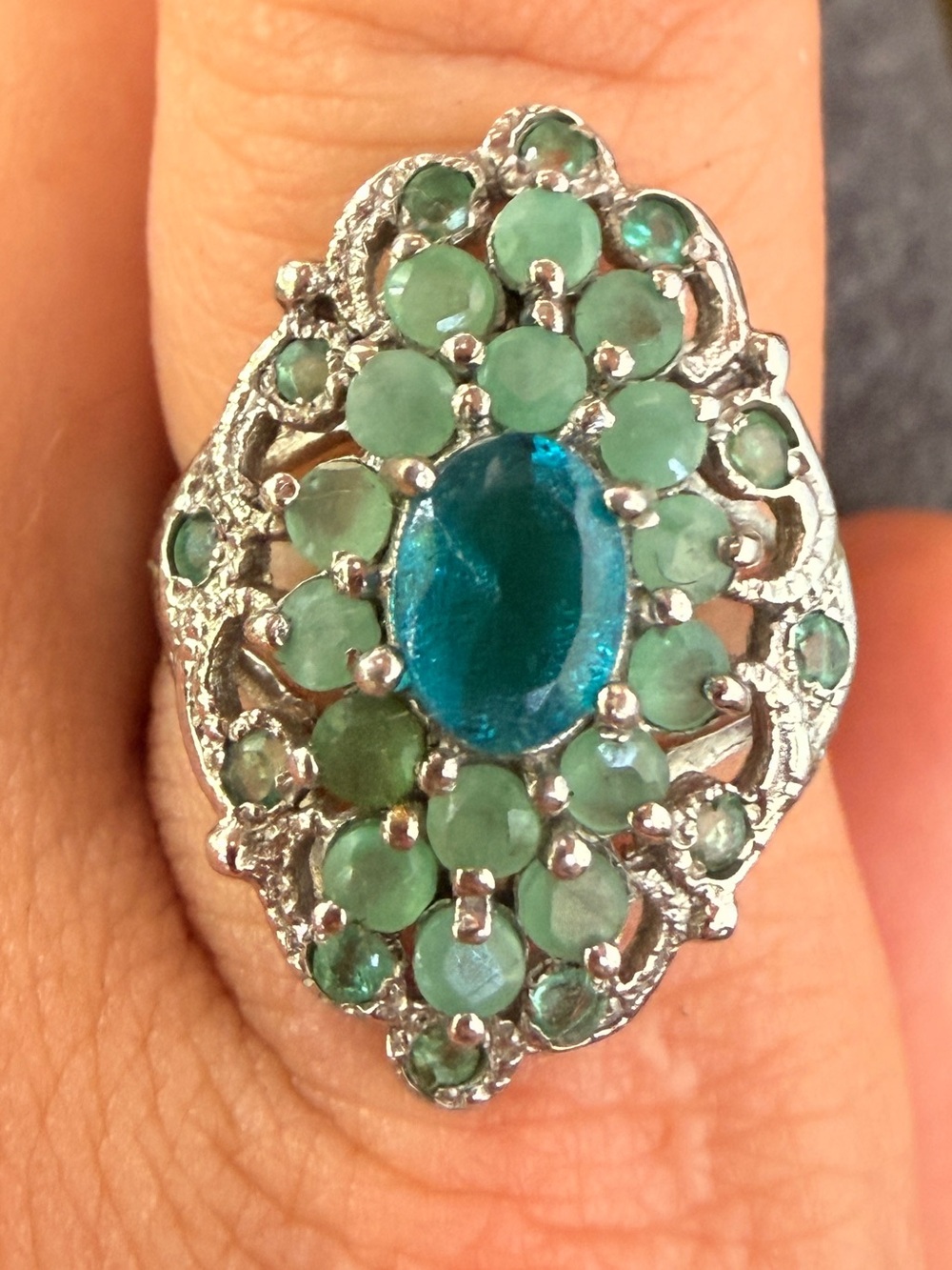 Ethiopian Blue Opal & Emerald vintage 
Ring 925 Silver 14K WG Sz8.5 - Picture 6 of 17